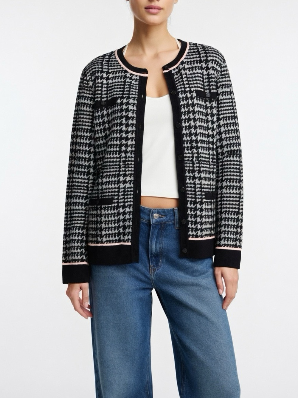 Karl Lagerfeld Paris Houndstooth Black & White with Pink Trim cardigan Sweater